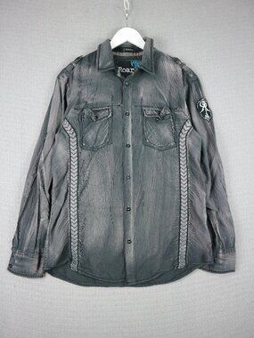 ROAR Mens Long Sleeve Western Shirt Embroidered Black Size Large Distressed